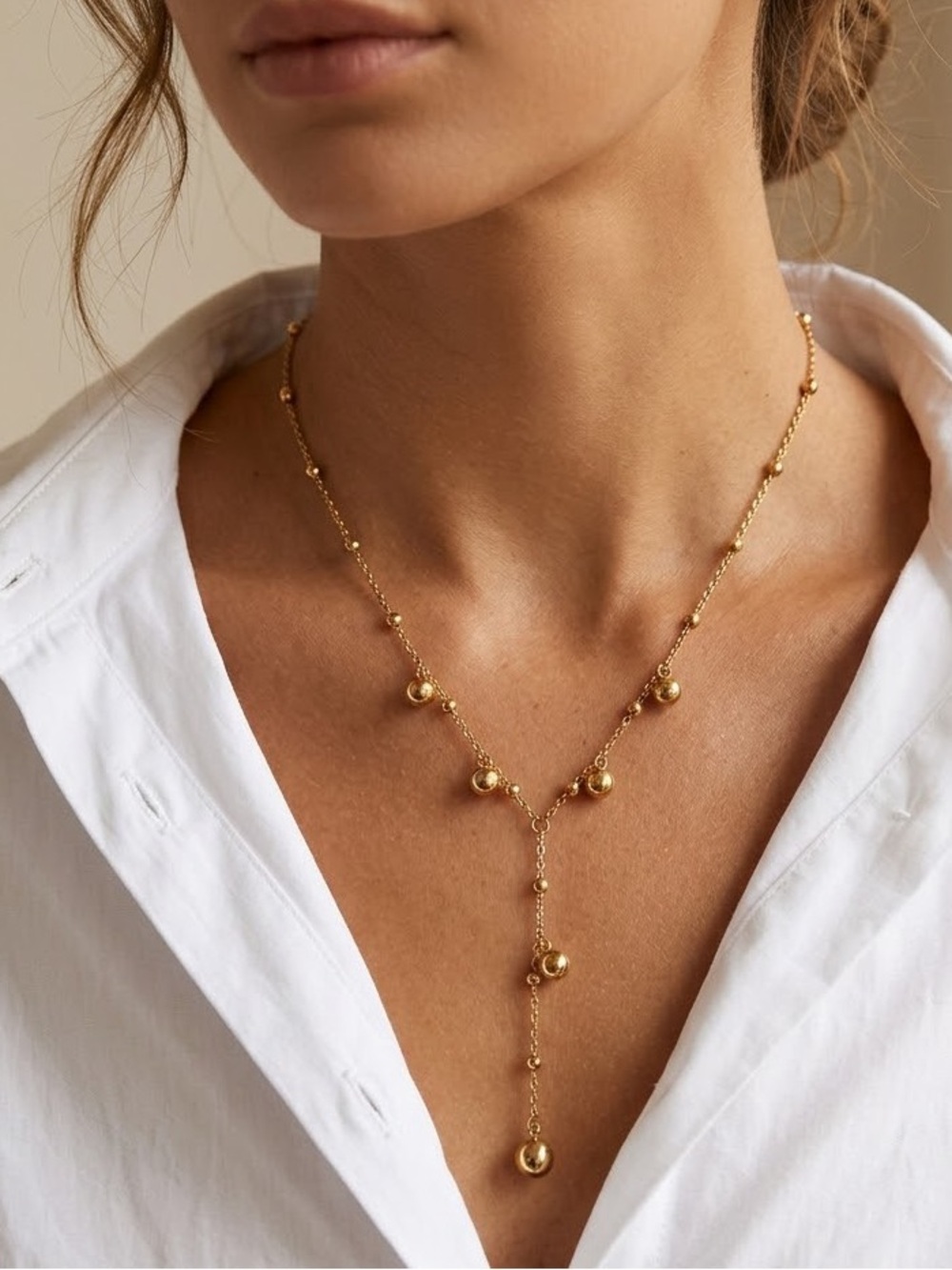 18K Gold Plated Y Lariat Stainless Steel Ball Chain Womens Necklace